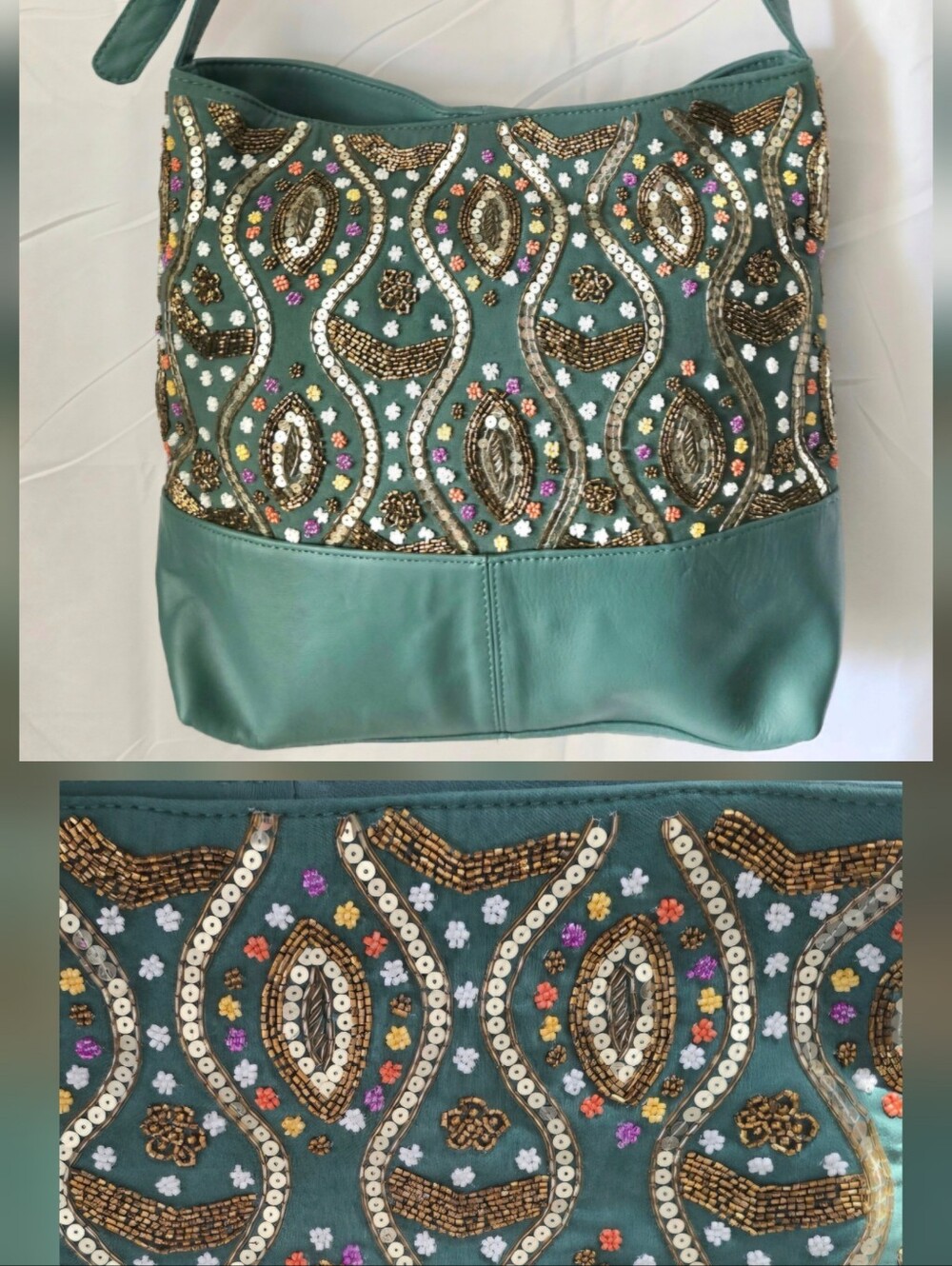 Boutique Turquoise Leather Elegantly Sequin/Beaded Bag Boho-Glam Resortware NWI